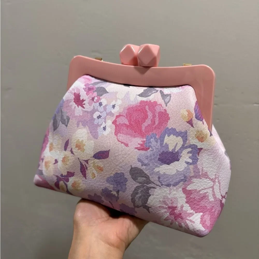 Floral Print Cowhide Leather Handmade Acrylic Frame Clutch Bag, 3 Straps Style